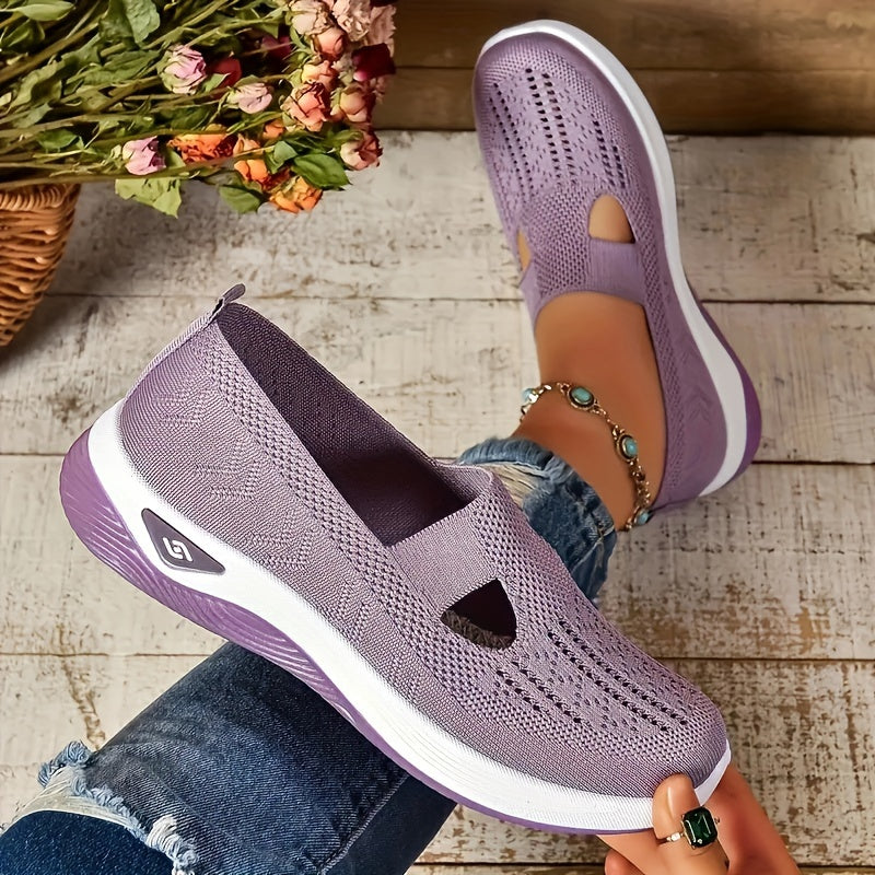 Womens Lightweight Knit Cut-out Sneakers - Ultra-Casual, Exceptionally Breathable Sports sole, Easy Slip-On Shoes with Super Lightweight Construction and Flat Heel for Comfort - Perfect for Outdoor Walking and Casual Strolls