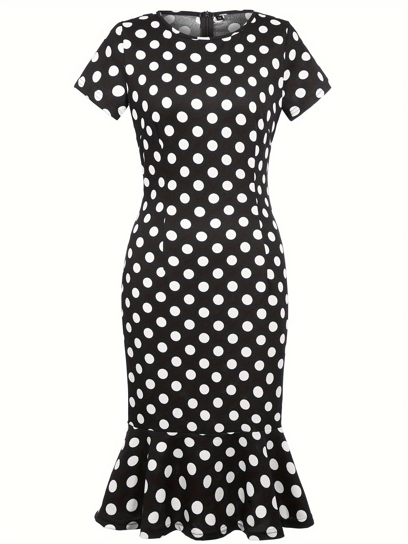 Polka Dot Crew Neck Dress, Elegant Ruffle Hem Bodycon Short Sleeve Dress For Spring & Summer, Women's Clothing