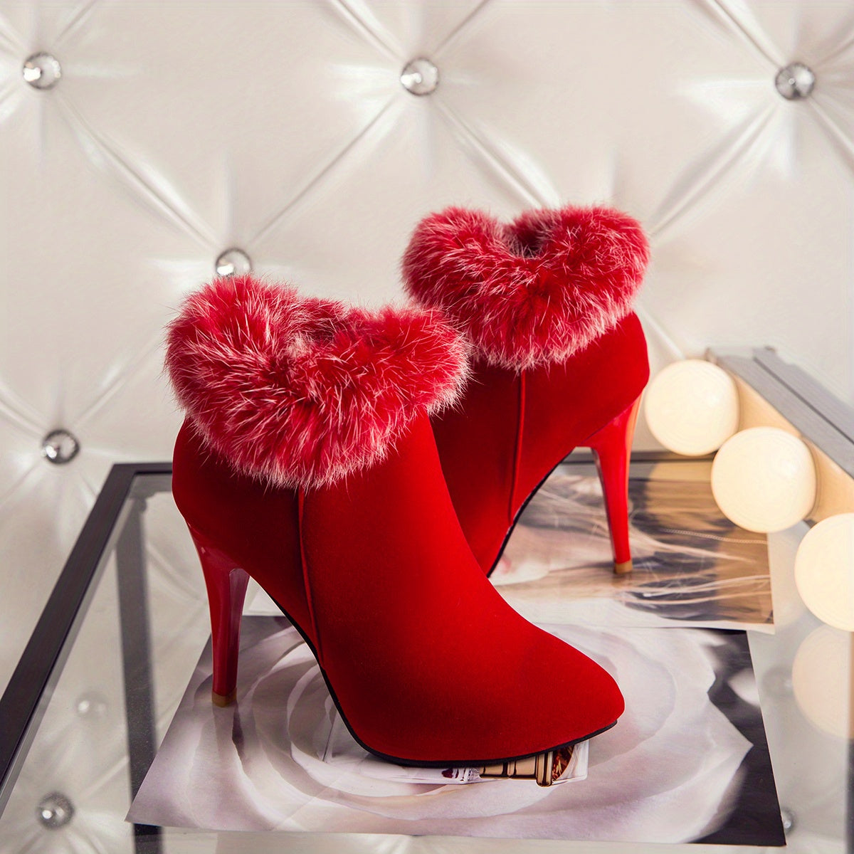 Women's Fluffy Stiletto Ankle Boots, Sexy Plush Lined Thermal Thin High Heels, Christmas Style Side Zipper Short Boots