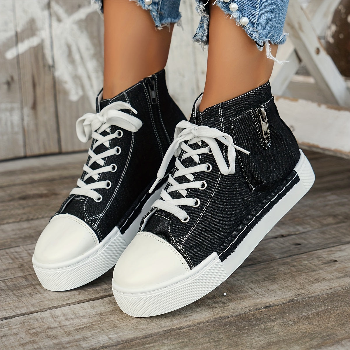 Women's Denim Platform Sneakers, Casual Lace Up Outdoor Shoes, Comfortable Side Zipper Shoes