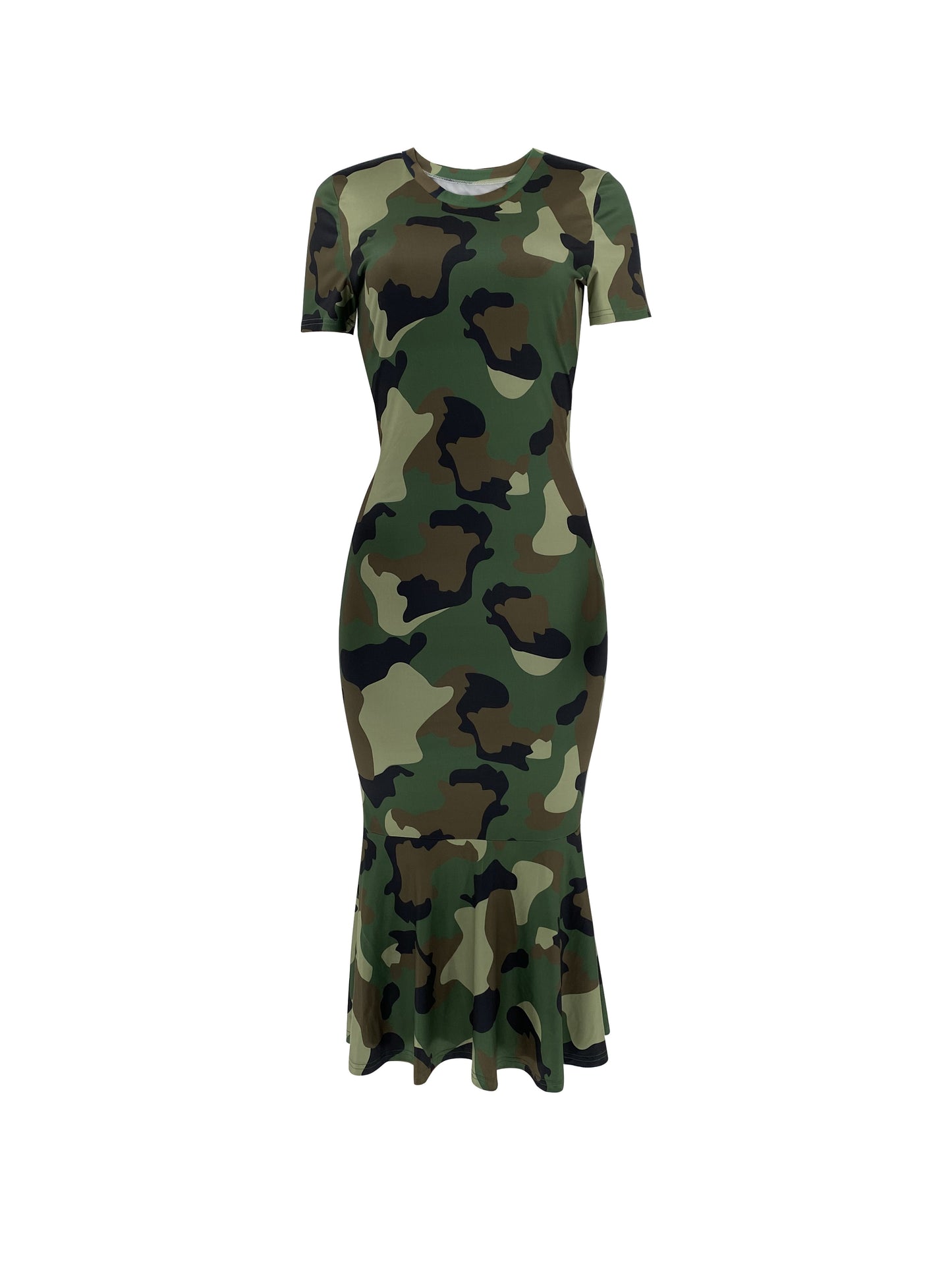 Camouflage Print Crew Neck Tank Dress, Casual Fishtail Hem Sleeveless Midi Dress For Spring & Summer, Women's Clothing