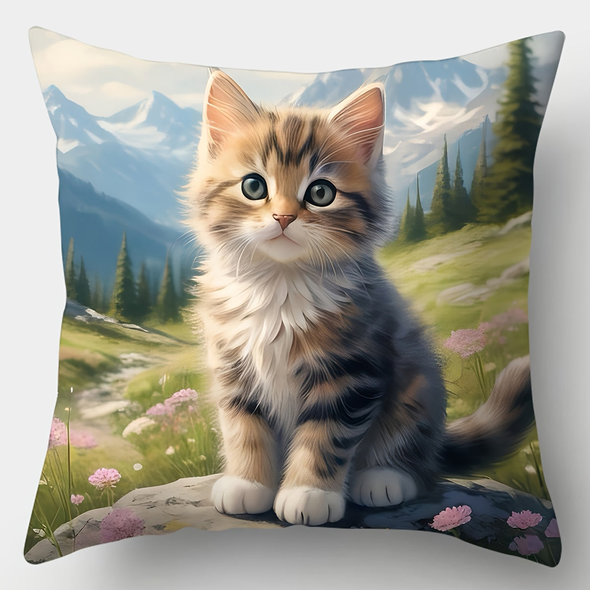 4-Pack Contemporary Throw Pillow Covers, 44.96x44.96 cm Cute Cat Floral Print Pillowcases, Decorative Cushion Covers with Zipper for Home Sofa Bed Decor - Hand Wash Only, Woven Polyester - Living Room Bedroom (Pillow Inserts