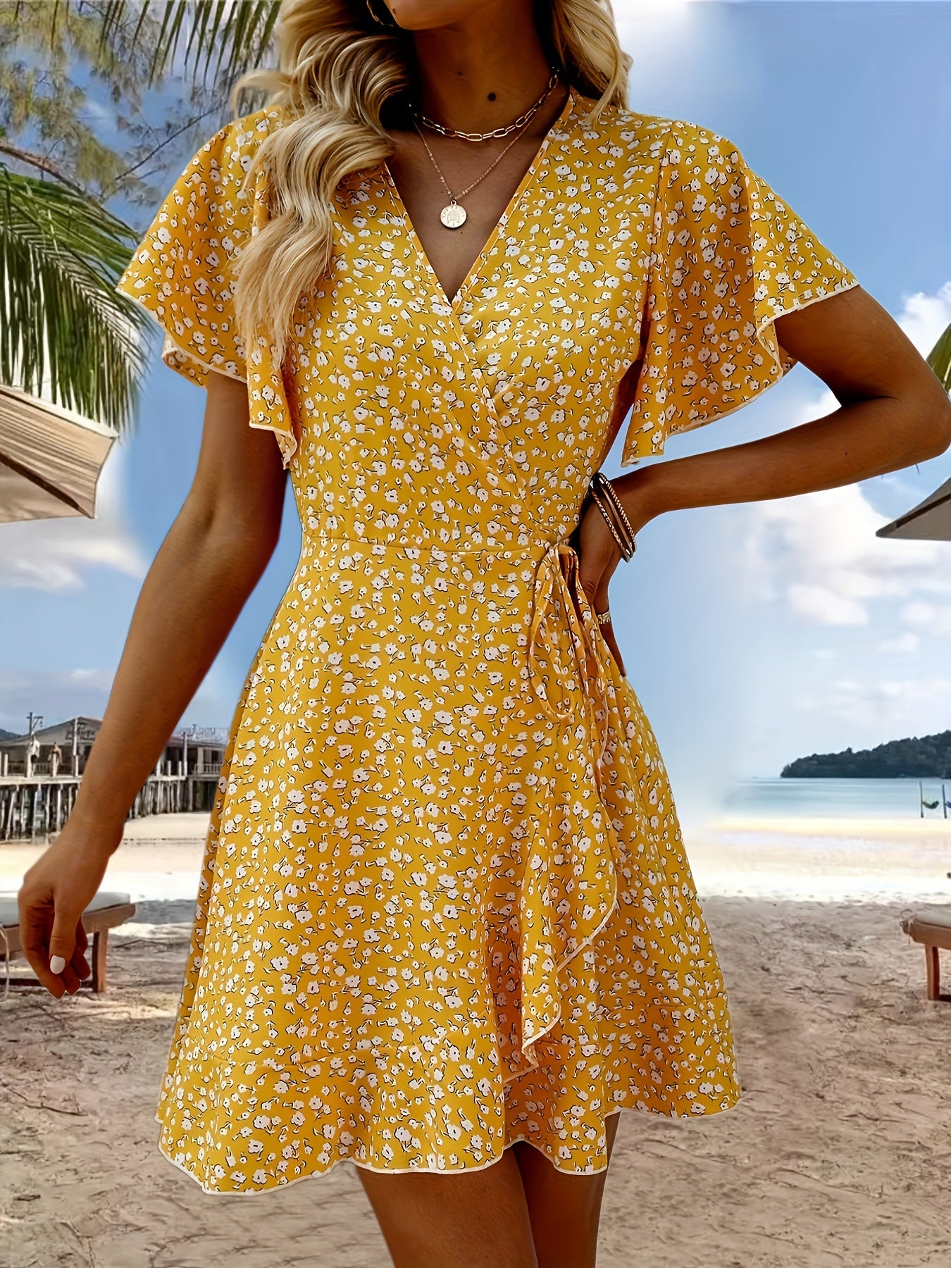 Floral Print V-neck Dress, Elegant Short Sleeve Cinched Waist Ruffle Hem Dress For Spring & Summer, Women's Clothing