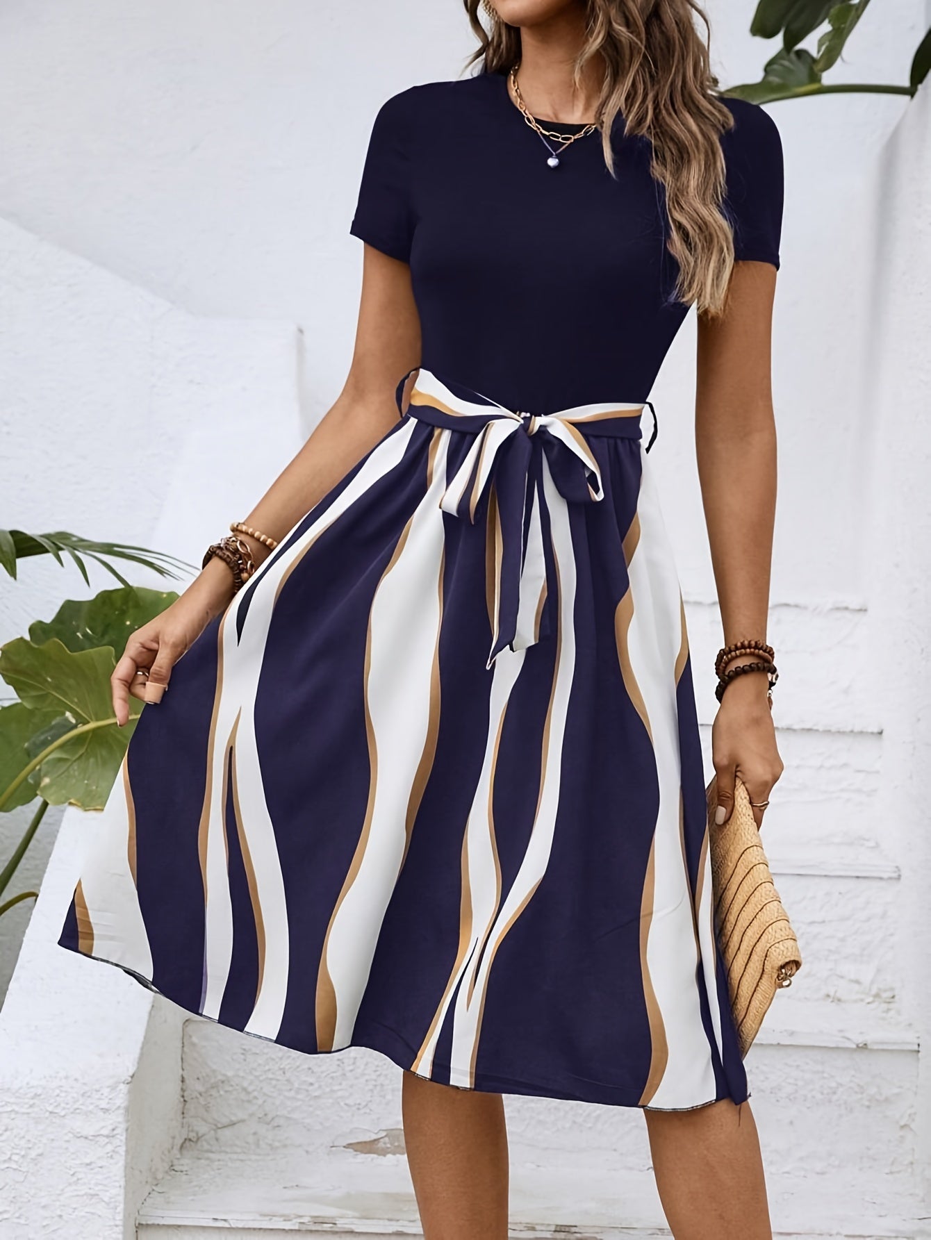 Women's Summer Dress Tie Waist Modest Midi Dress Short Sleeve A Line Belted Dress Daily Casual