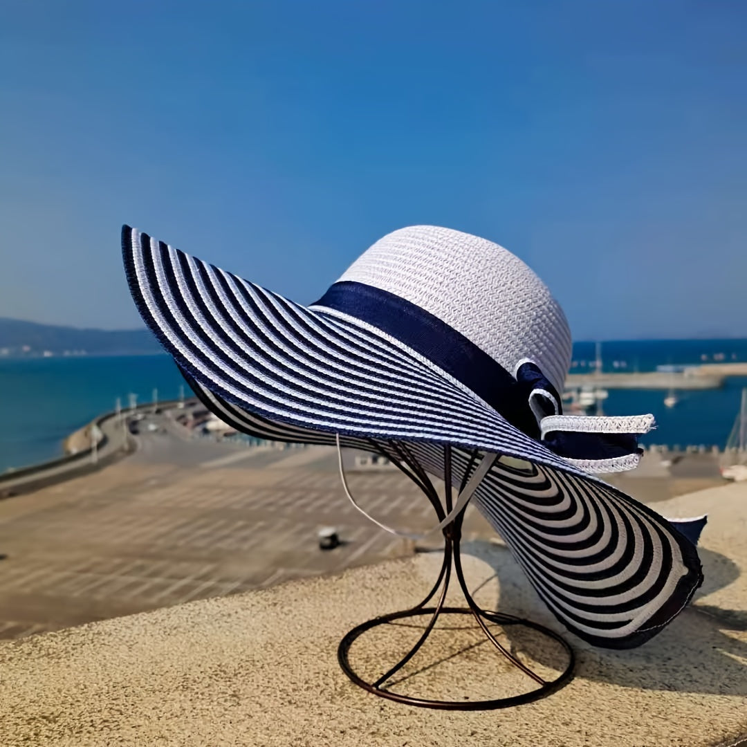 Classic Striped Bowknot Straw Hat Blue & White Wide Brim Hats Elegant Foldable Floppy Sun Hats Outdoor UV Protection Beach Hats For Women