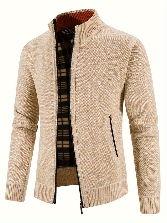 Warm Stand Collar Jacket, Men's Casual Comfortable Zip Up Zipper Pockets Knitted Cardigan For Fall Winter