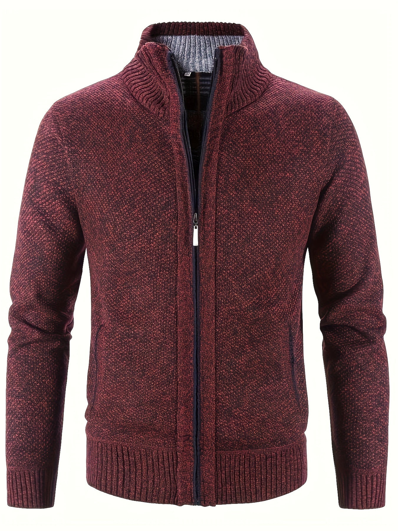 Warm Stand Collar Jacket, Men's Casual Comfortable Zip Up Zipper Pockets Knitted Cardigan For Fall Winter