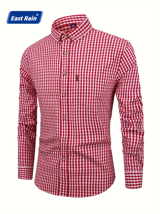 Men's 100% Cotton Checkered Print Shirt, Casual Lapel Button Down Long Sleeve Shirt For Spring Fall