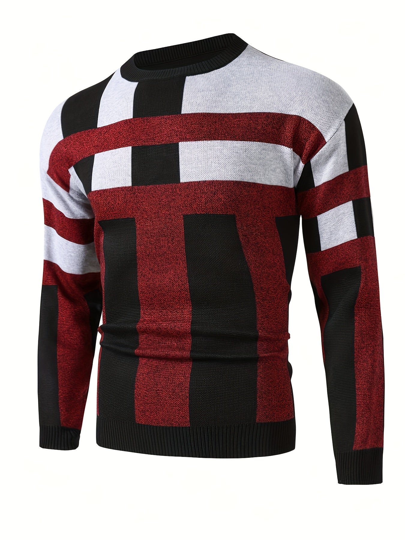 Men's Color Block Round Neck Sweater, Trendy Stretch Warm Pullover For Winter Outdoor