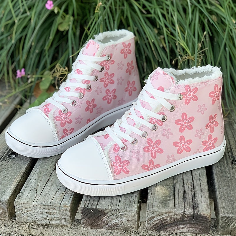 Women's High Top Canvas Shoes, Floral Printed Round Toe Lace Up Sneakers, Casual Flat Skate Shoes