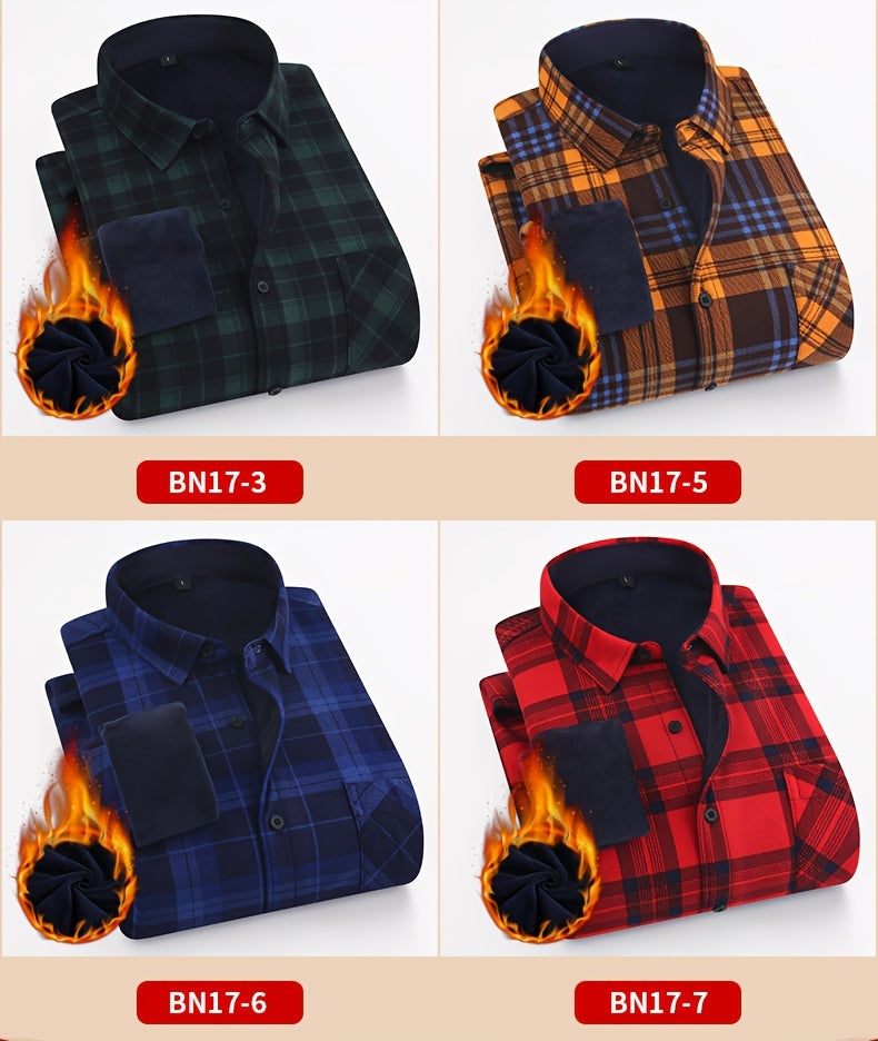 Men's Fleece-Lined Casual Plaid Shirt - Warm, Comfortable & Wrinkle-Resistant for Fall/Winter | Long Sleeve, Slim Fit with Button-Up Front, Polyester Blend, Non-Sheer - Stylish Men's Autumn & Winter Wear