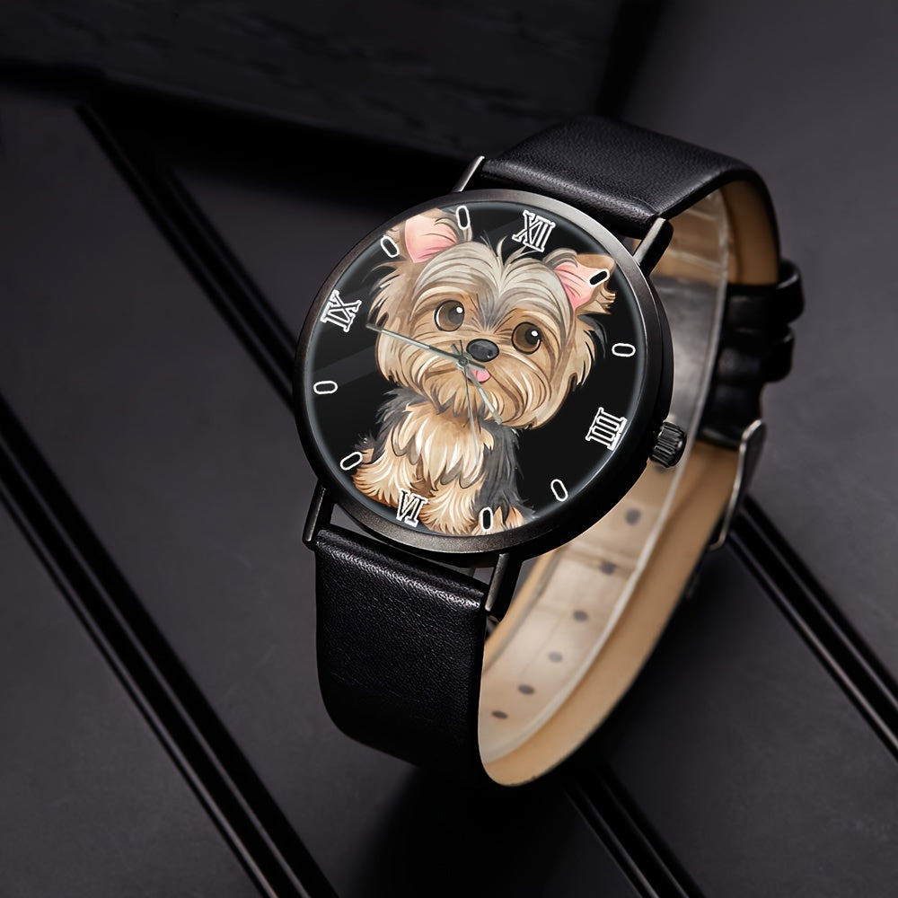 Stylish Quartz Analog Wristwatch with Cute Dog Design - Stainless Steel Case, Faux Leather Strap for Men & Women