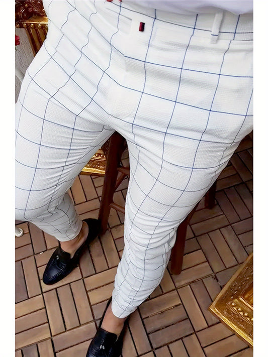 Men's Simple Plaid Digital Print Breathable Dress Pants With Pocket, Suitable For Business Wear