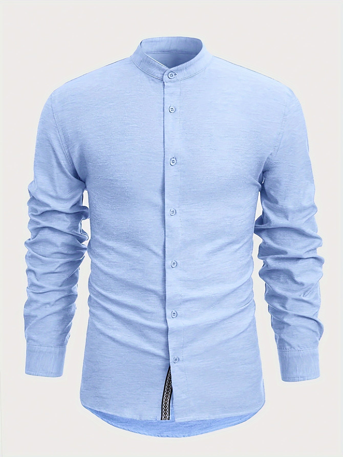 Men's Solid Color Cotton Blend Long Sleeve Lapel Stand Collar For Spring And Fall, Casual Comfy Trendy Shirt As Gift