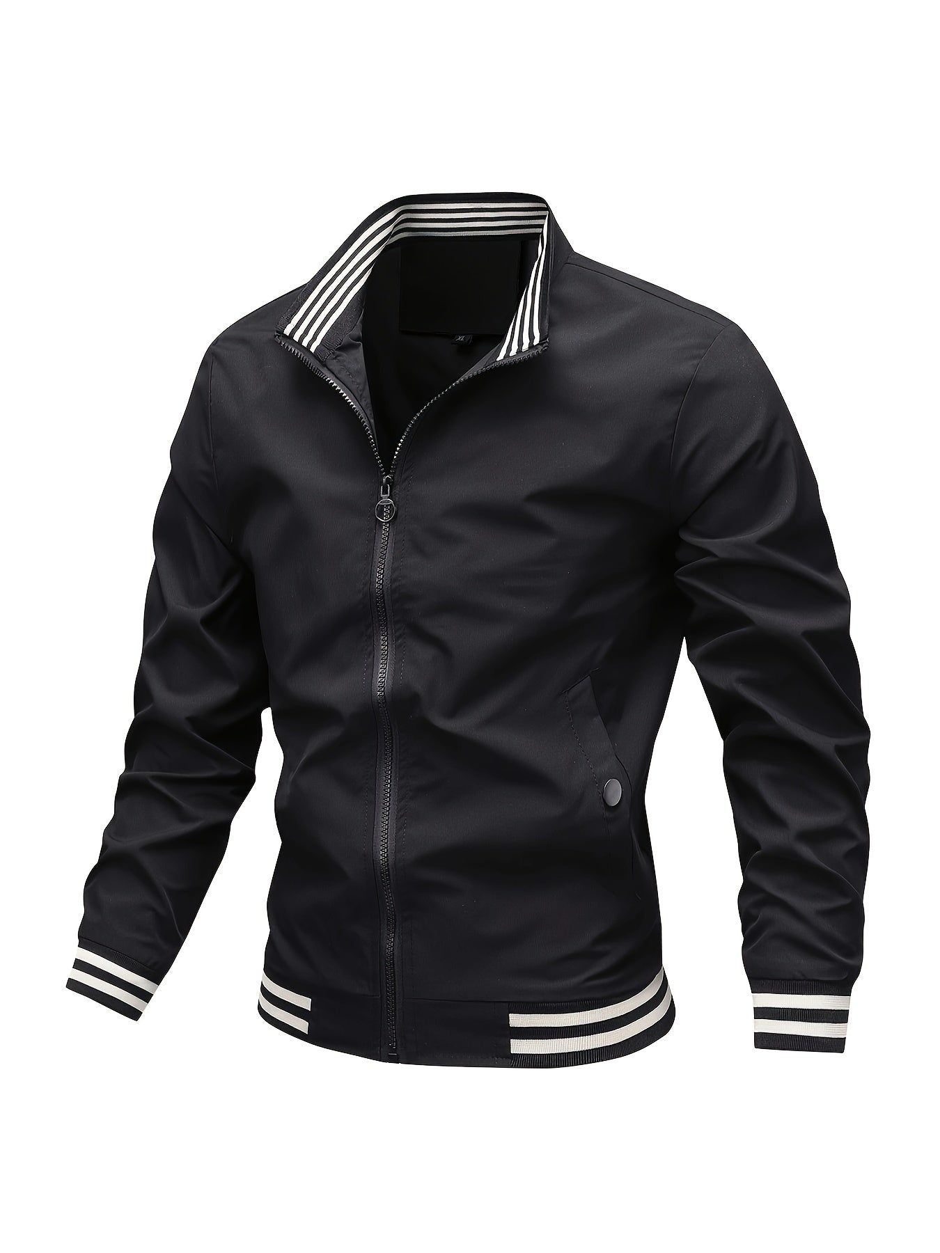 Men's Striped Jacket With Pockets, Casual Stand Collar Zip Up Long Sleeve Outwear For Outdoor