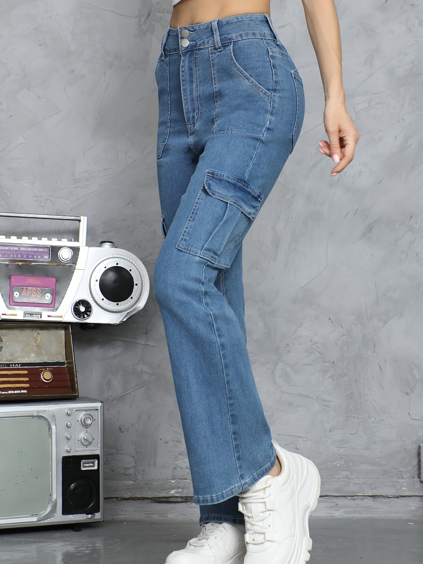 Women's High-Waisted Cowboy Jeans, Long Length, Stretch Cotton Blend, Relaxed Fit, Zipper Fly, Casual Outwear