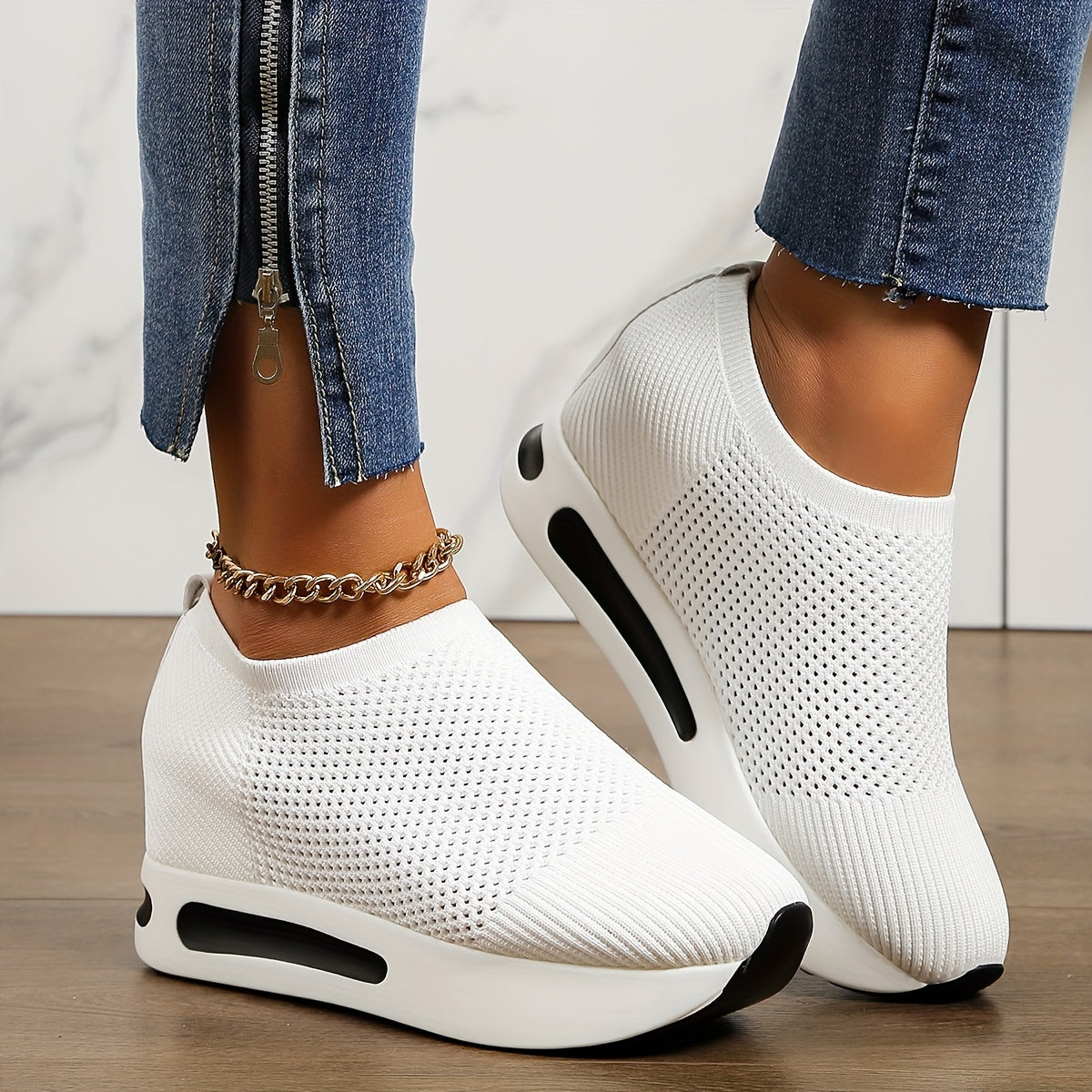 Women's Platform Sock Sneakers, Breathable Knitted Height Increasing Trainers, Casual Slip On Walking Shoes