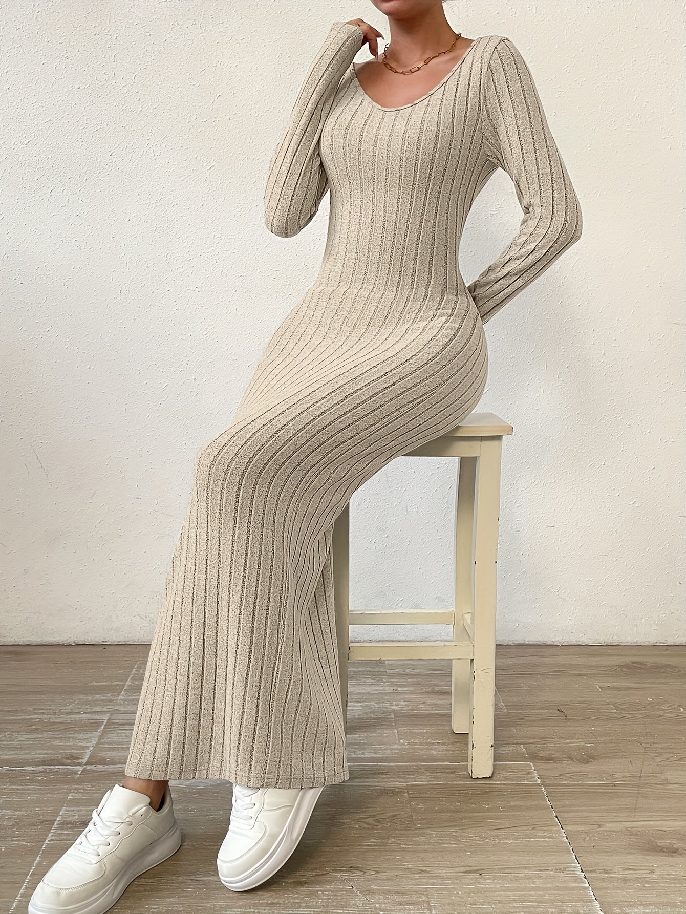 Ribbed Solid Dress, Casual Crew Neck Long Sleeve Maxi Dress, Women's Clothing