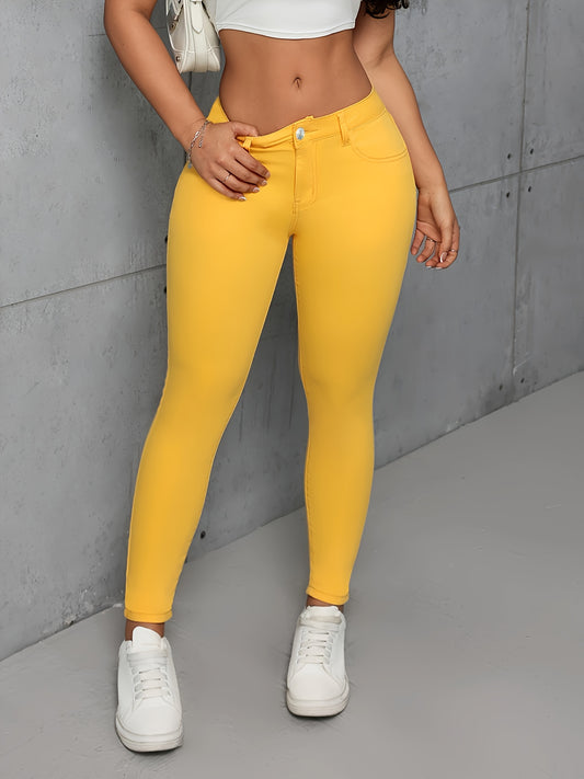 Women's Elegant Plain Pastel Color Yellow Stretchy Skinny Pants, Casual Chic Slim Fit Trousers With Pockets For Daily Wear