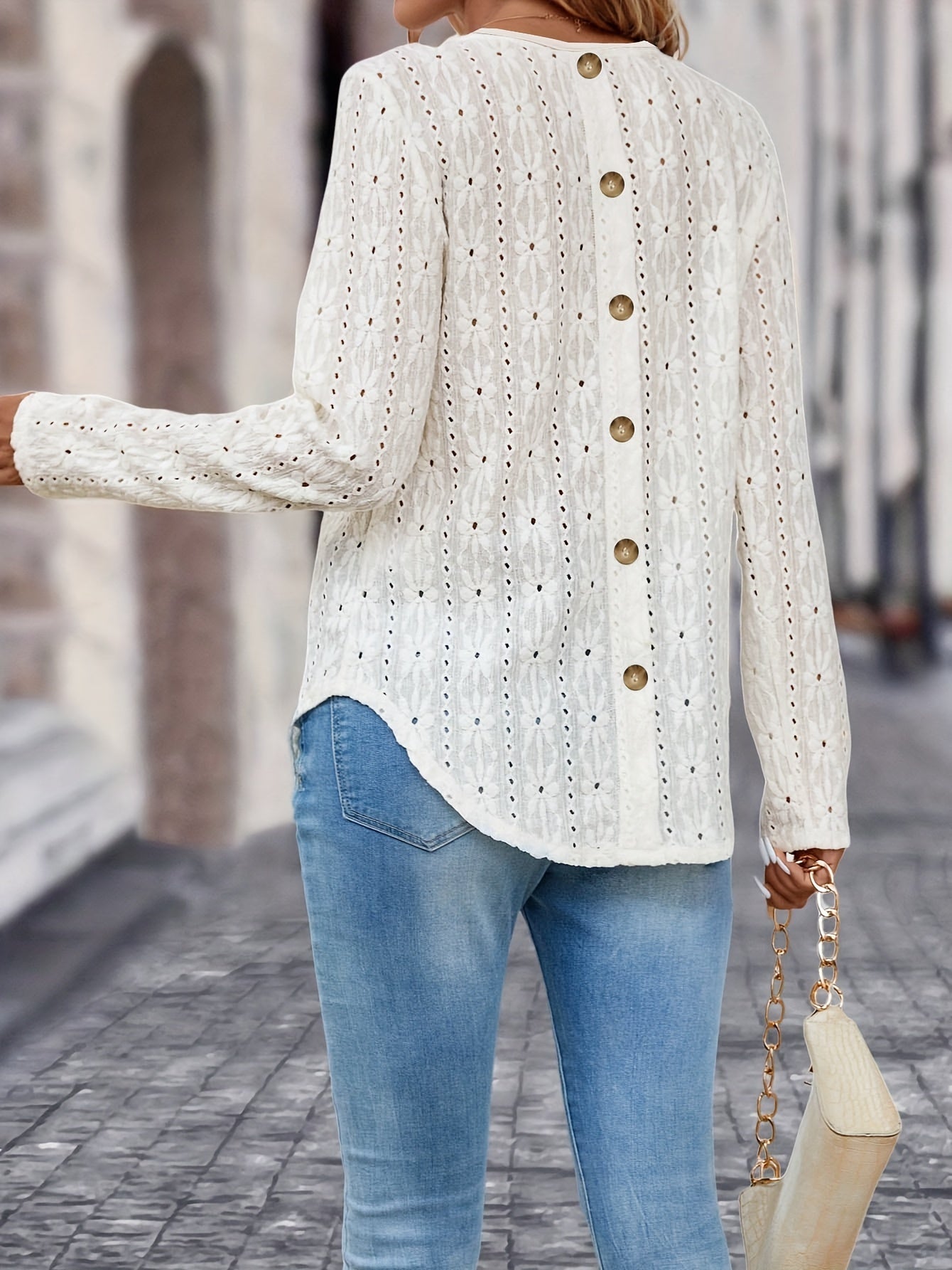 Eyelet Embroidered Button T-shirt, Casual Crew Neck Long Sleeve T-shirt, Women's Clothing