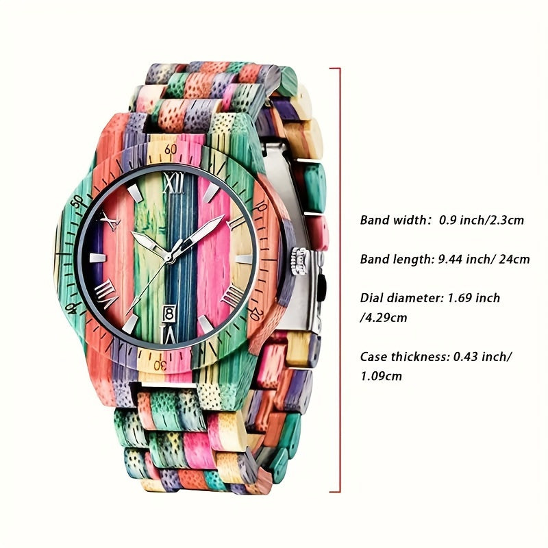 Handcrafted Multi-Colored Bamboo Wrist Watch for Men | Round Quartz Movement | Non-Waterproof with Date Feature | Unique Personalized Gift for Father or Son | Party Style with Luminous Hands and Folding Clasp