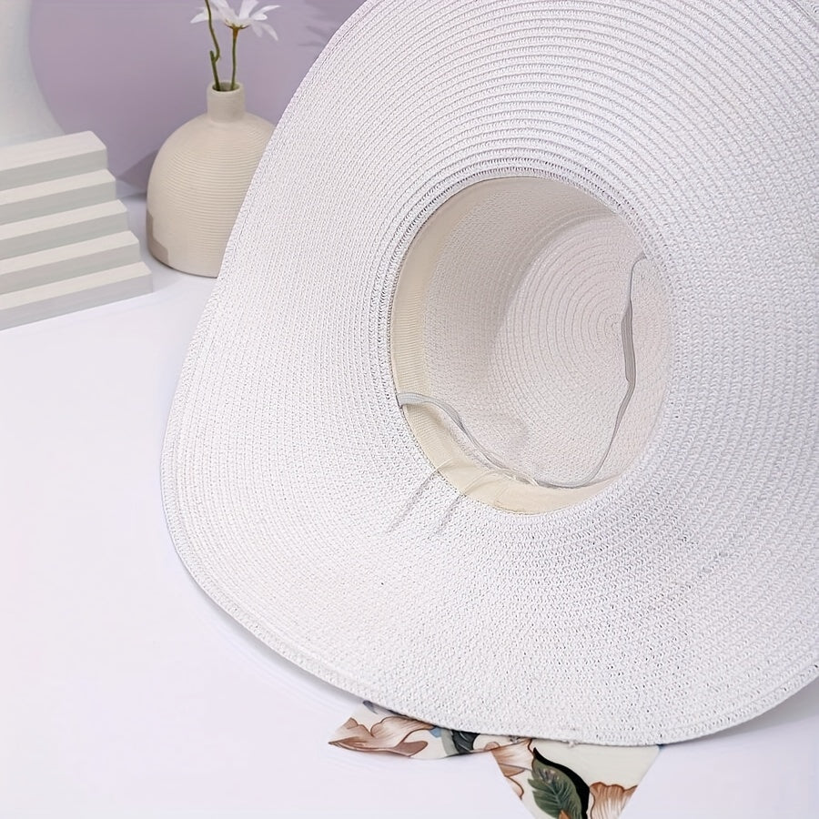 Chic Oversized Brim Sun Hat For Women - White With Pearl & Tropical Print Bow, Perfect For Beach Vacations & Summer Travel