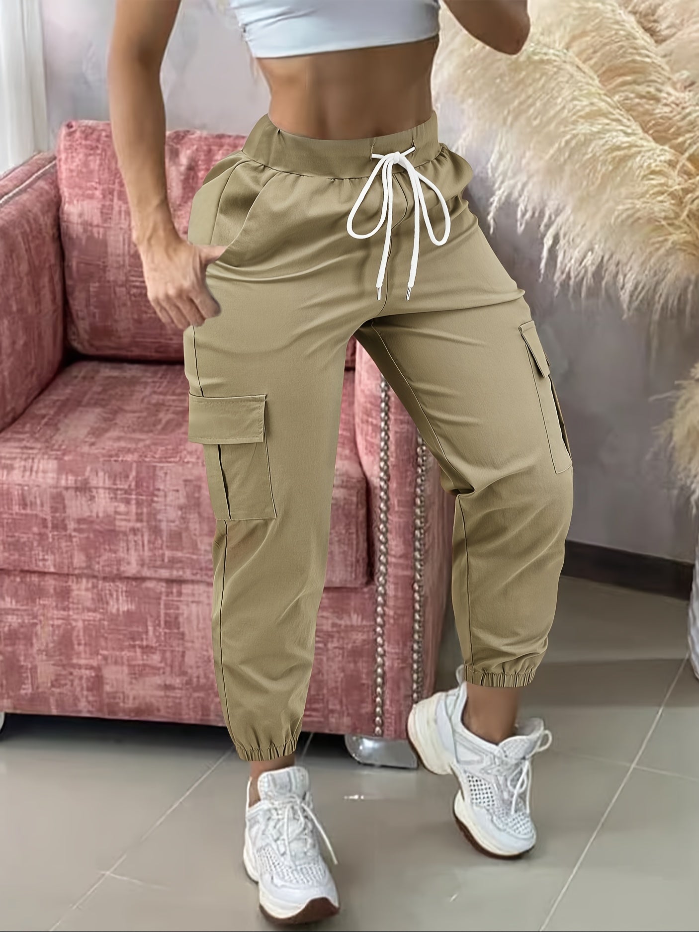 Women's Casual Cargo Pants with Drawstring - Solid Color Polyester Blend Comfort, Elastic Waist, Multiple Pockets, Fashion Utility Trousers for All Seasons