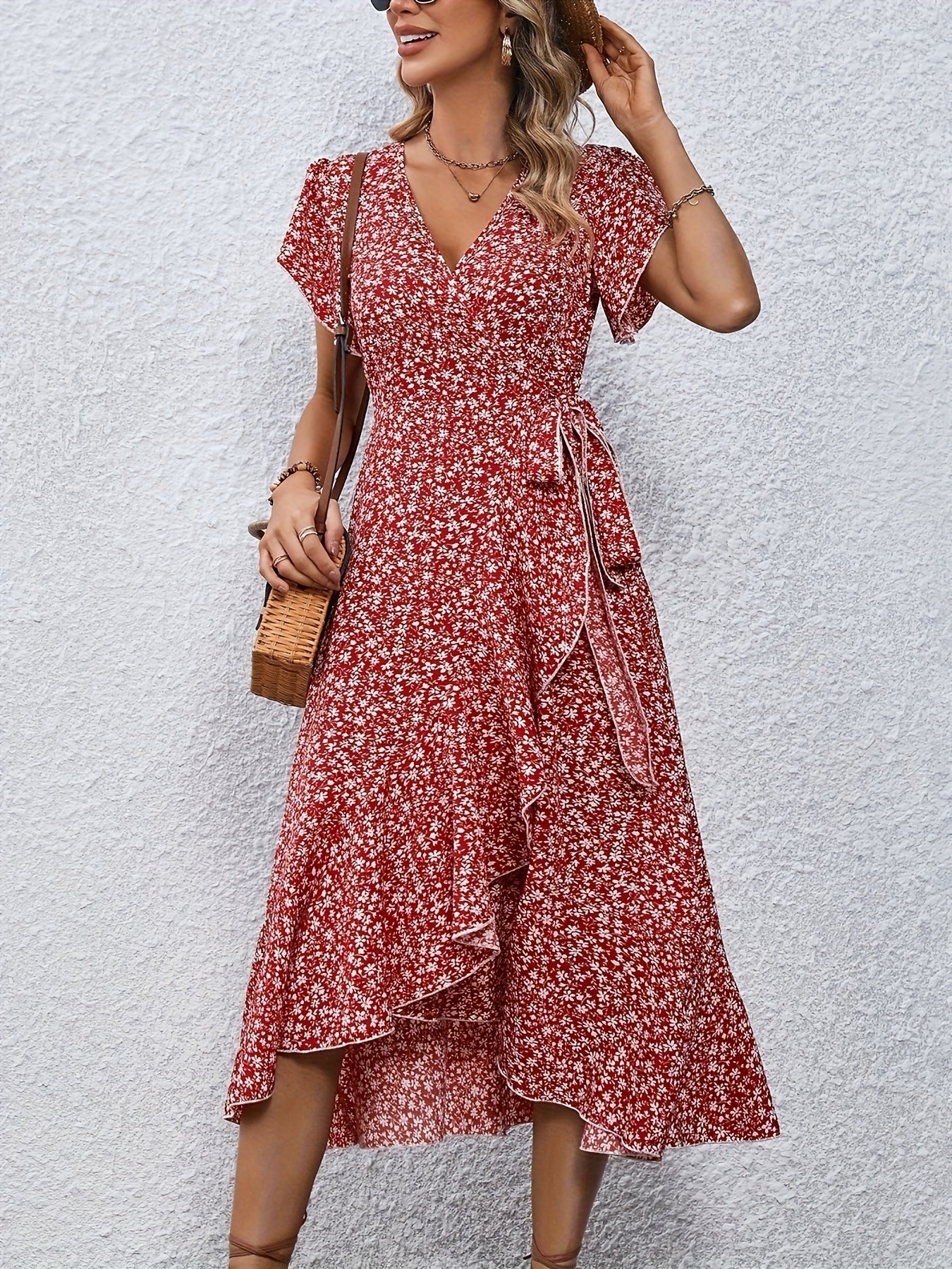 Floral Print Surplice Neck Tied Dress, Casual Flutter Sleeve Ruffle Hem Dress For Spring & Summer, Women's Clothing