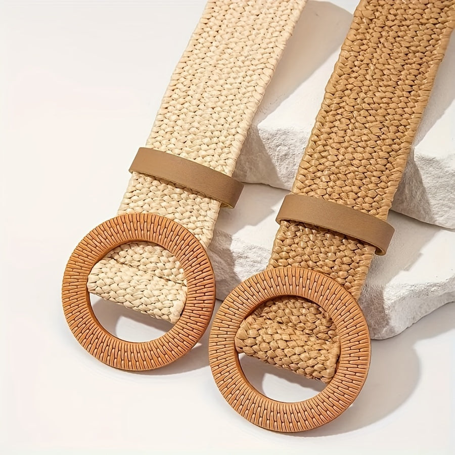 2pcs Boho Chic Brown Straw Wide Belts with Classic Round Buckle - Elegant Summer Beach Accessory for Women