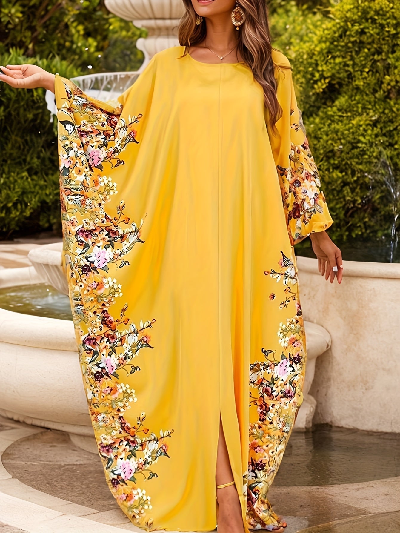 Womens Elegant Batwing Sleeve Split Maxi Dress Loose Floral Print Crew Neck Maxi Dress 2024