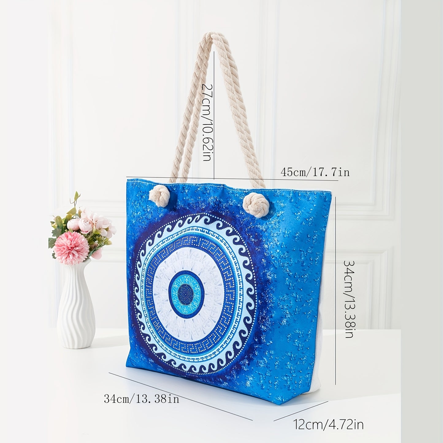 Large Capacity Ethnic Style Beach Bag with Evil Eye Graphic - Perfect for Halloween Festivals and Vacation Getaways