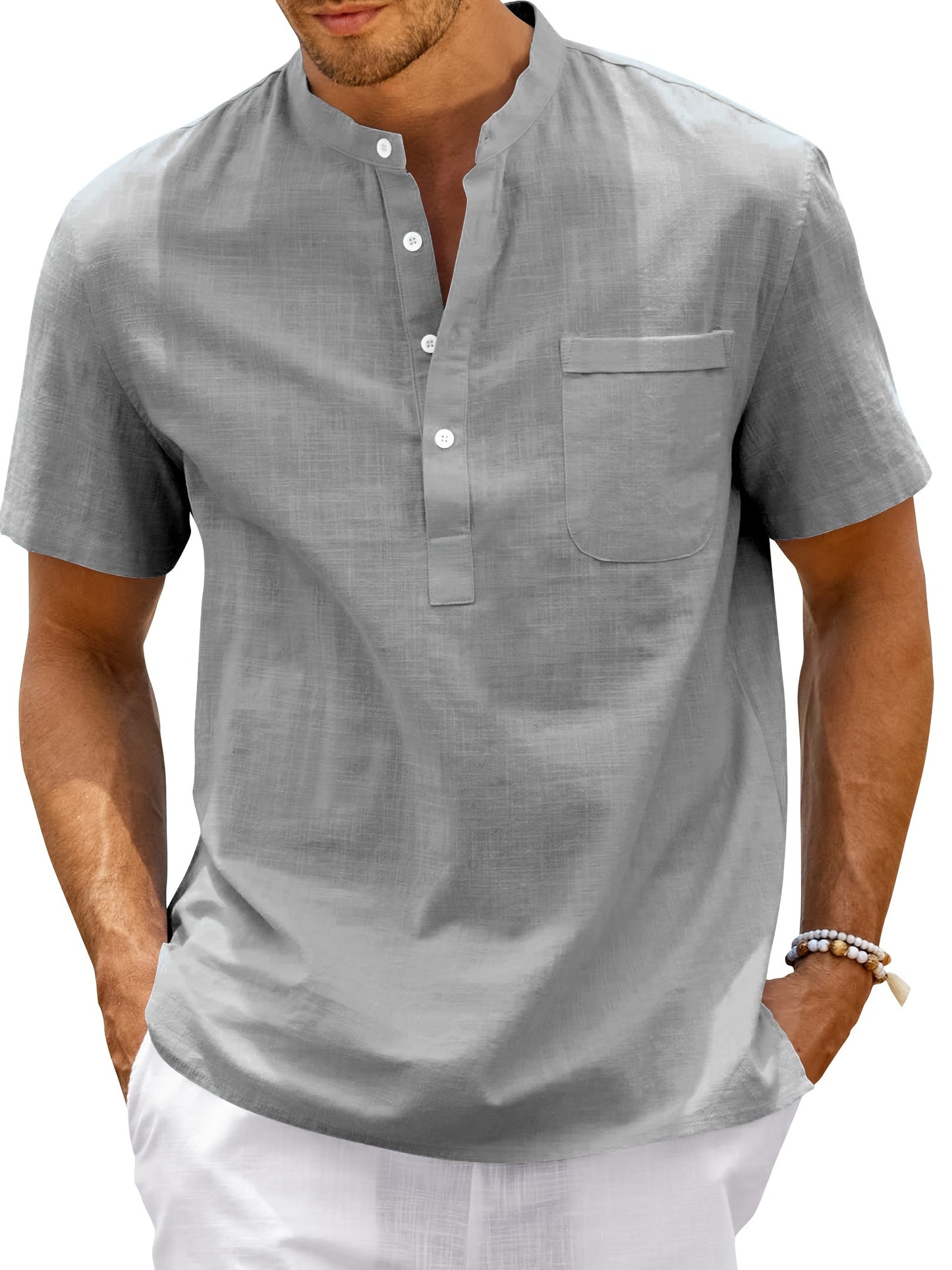 Men's Linen Henry Shirt, Loose Short-sleeve T-shirt For Summer Beach, Buttoned Lightweight Casual Top