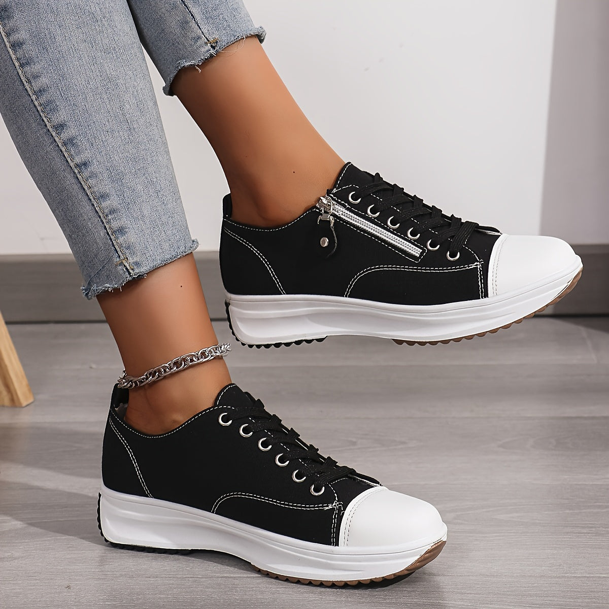 Women's Classic Solid Color Canvas Fashion Sneakers - Low Top Casual Shoes with Lace-Up Closure, Breathable Fabric Upper and Lining, Plain Toe Design, Durable Rubber Sole, Comfortable All-Season Footwear