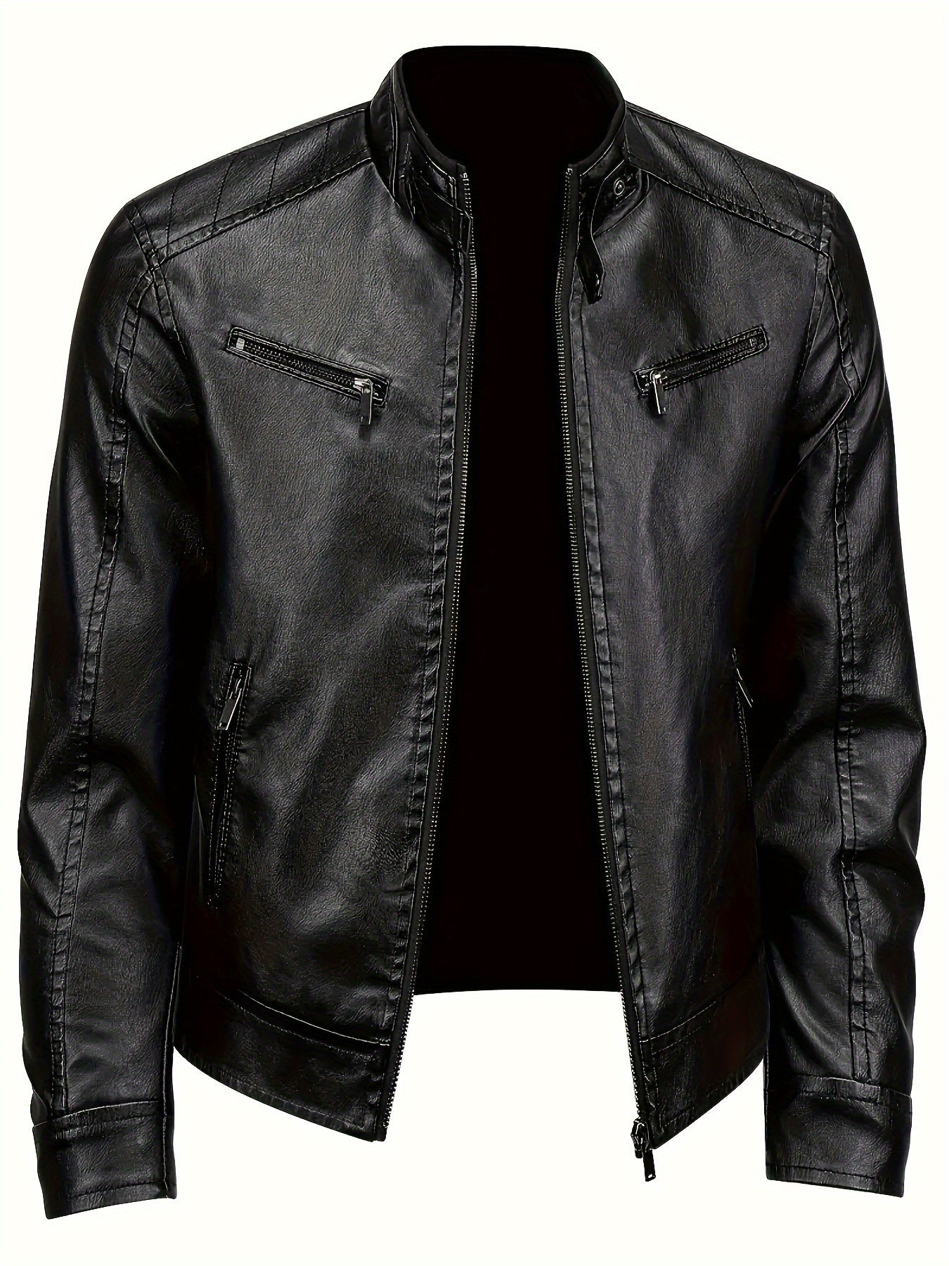 Men's PU Leather Jacket With Multi Zipper Pockets, Casual Stand Collar Zip Up Long Sleeve Jacket For Outdoor