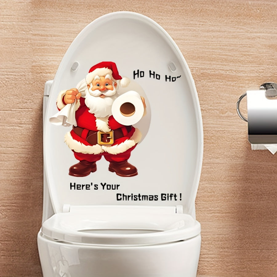 Santa Claus Christmas Toilet Lid Decal - Removable PVC Bathroom Sticker, Matte Finish, Reusable Holiday Wallpaper Decorative Toilet Bolt Covers Toilet Stickers Decals Removable