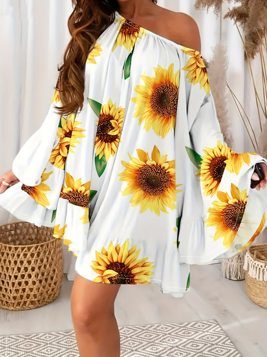 Sunflower Print Ruffle Trim Dress, Off-shoulder Flared Sleeve Dress For Spring & Summer, Women's Clothing