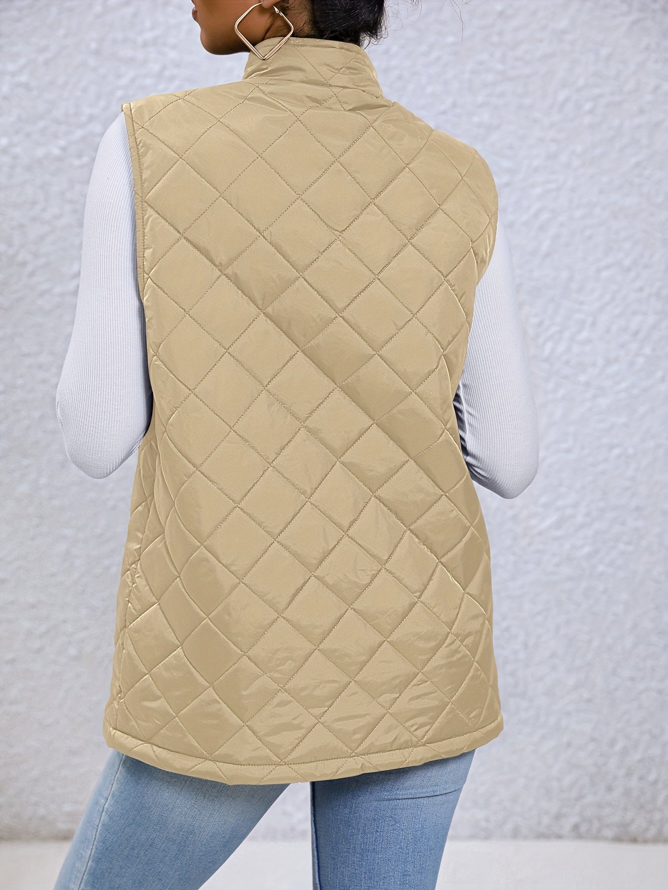 Argyle High Neck Sleeveless Vest, Casual Zip Up Versatile Outerwear, Women's Clothing