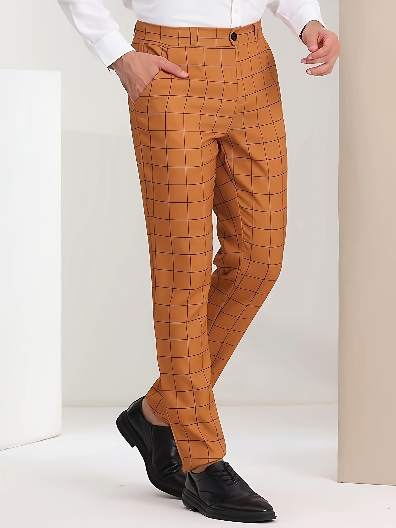 Classic Plaid Design Dress Pants, Men's Formal Slightly Stretch Dress Pants For Business Occasions