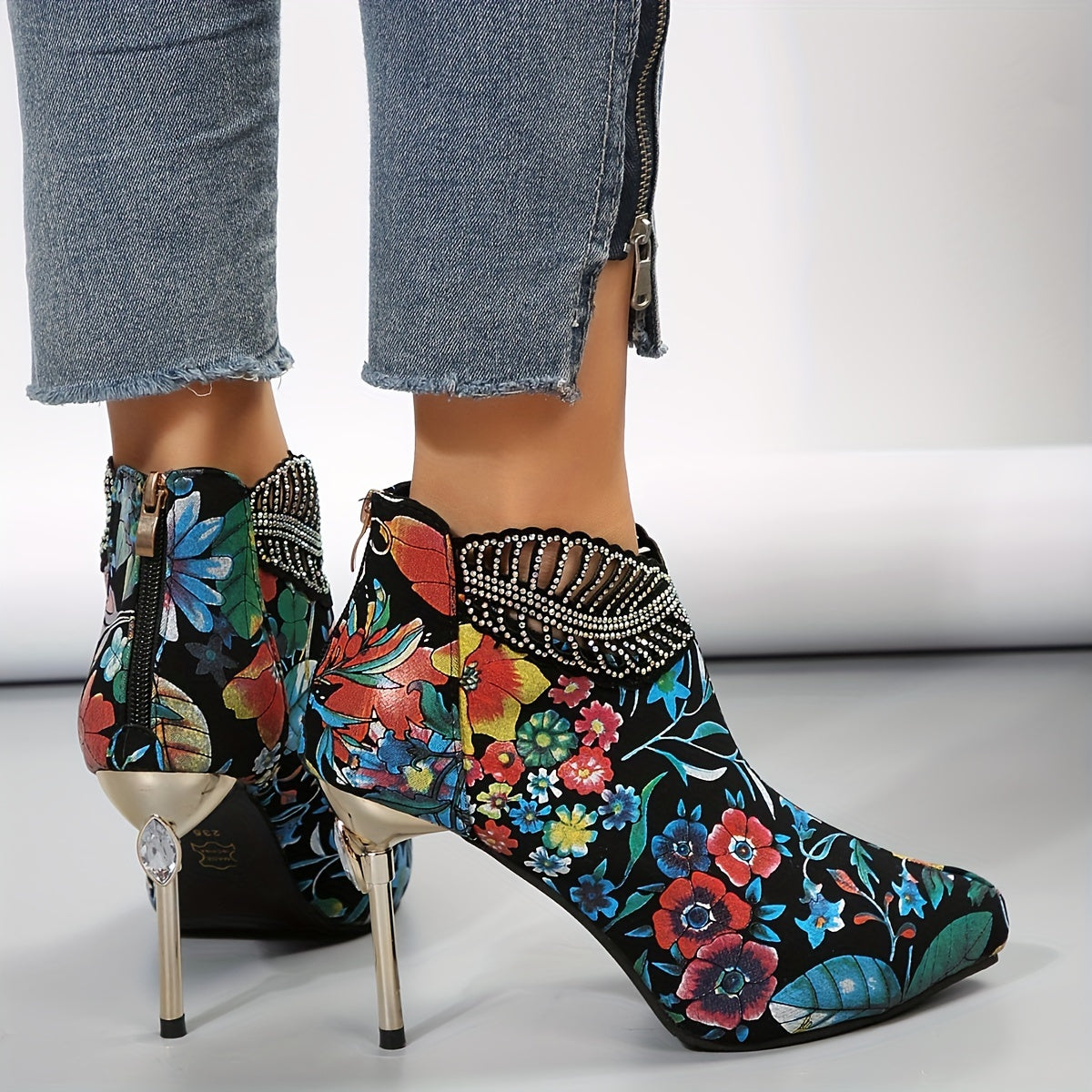 Women's Floral Pattern Platform Boots, Back Zipper Casual Stiletto Rhinestone Decor Shoes, Trendy Point Toe Boots