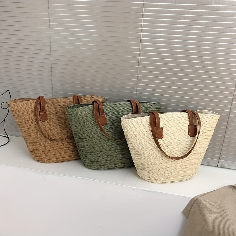 Woven Straw Tote Bag, Portable Double Handle Stylish Handbag, Zipper Braided Straw Slouchy French Style Beach Bag