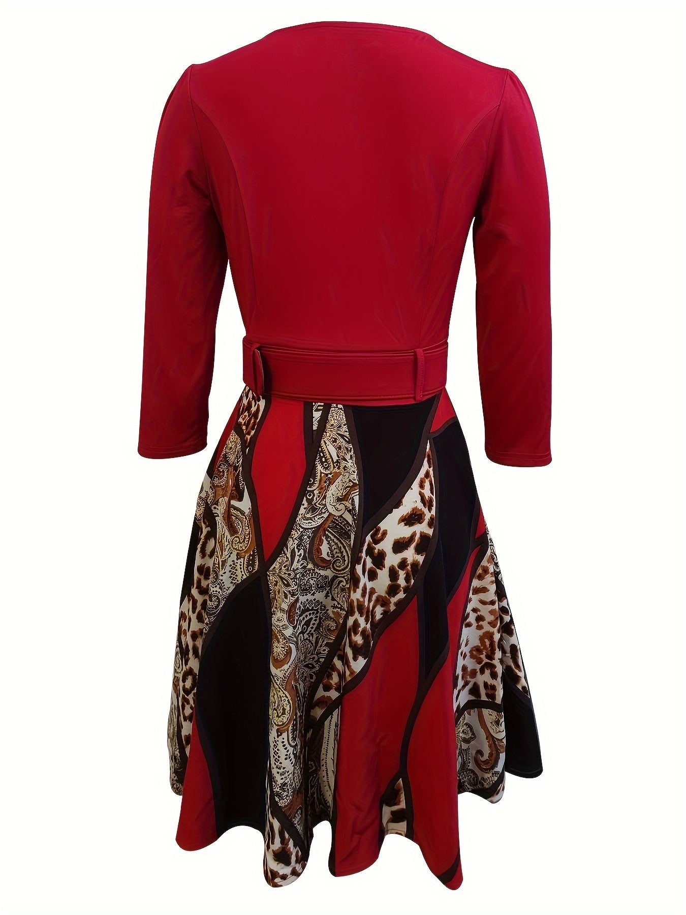 Solid Color Upper Body With Leopard Print Skirt Patchwork Dress, Casual Half Zipper 3/4 Sleeve Dress, Women's Clothing