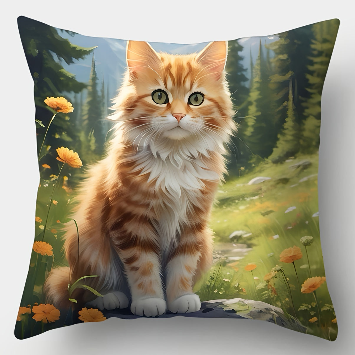 4-Pack Contemporary Throw Pillow Covers, 44.96x44.96 cm Cute Cat Floral Print Pillowcases, Decorative Cushion Covers with Zipper for Home Sofa Bed Decor - Hand Wash Only, Woven Polyester - Living Room Bedroom (Pillow Inserts