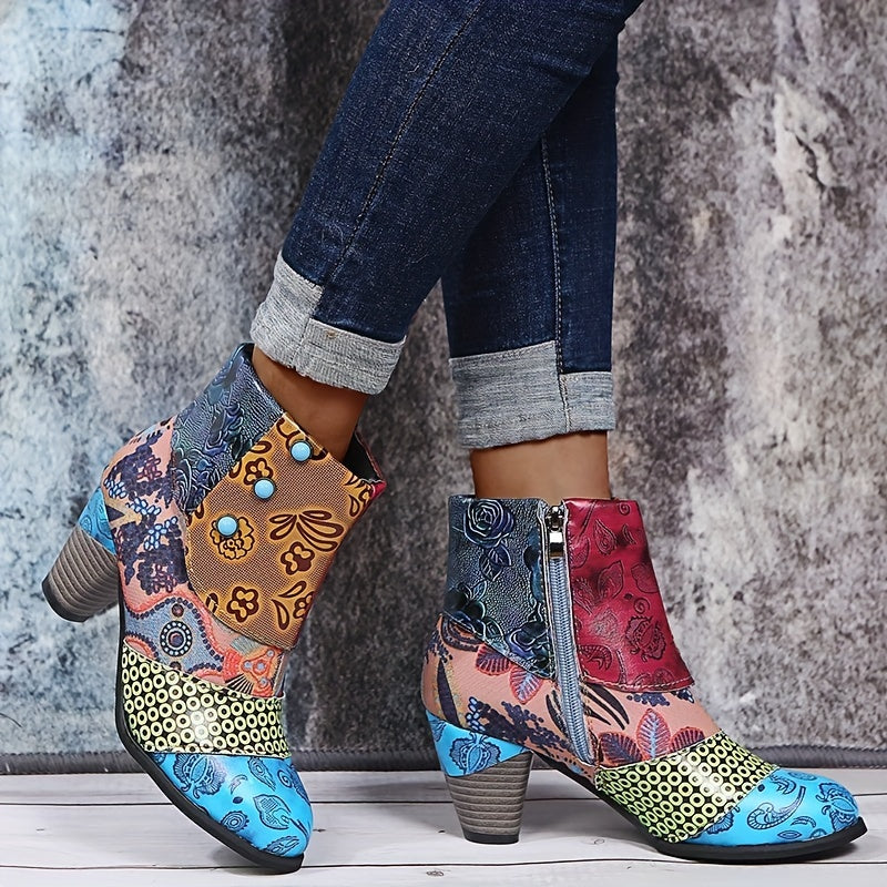 Women's Floral Pattern Boots, Side Zipper Casual Chunky Heel Ankle Boots, Versatile Round Toe Boots