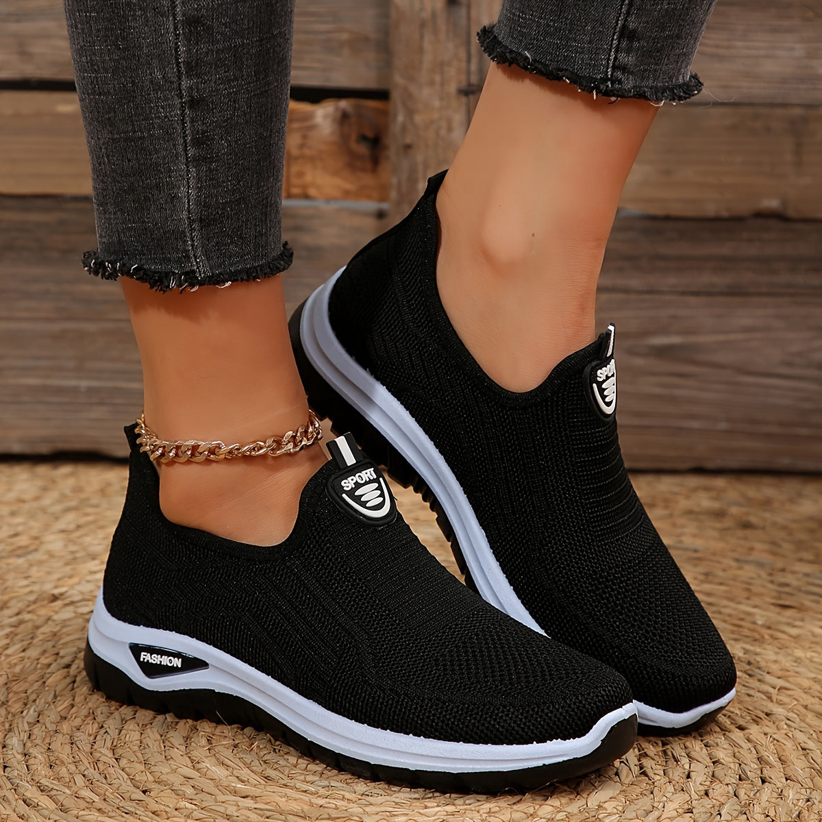 Women's Breathable Knit Sneakers, Casual Slip On Outdoor Shoes, Comfortable Low Top Shoes