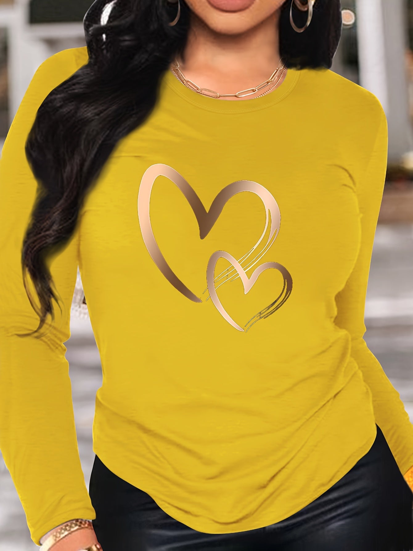 Women's Casual Heart Print Long Sleeve T-Shirt - Crew Neck, Soft Polyester, Machine Washable