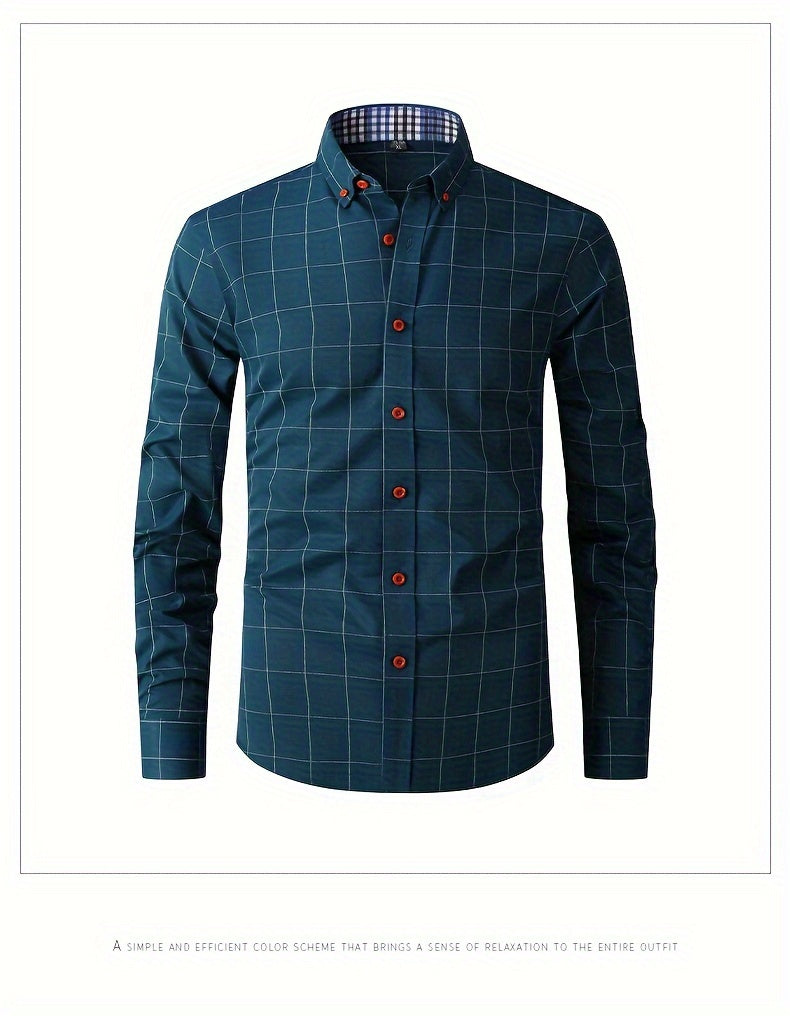 Men's Plaid Design Dress Shirts, Long Sleeve Casual Button Down Shirt For Formal Occasions