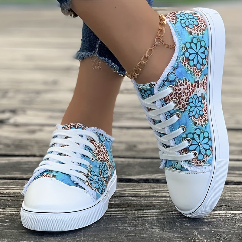 Women's Flower Print Canvas Sneakers, Raw Trim Lace Up Low Top Skate Shoes, Casual Round Toe Flats Shoes