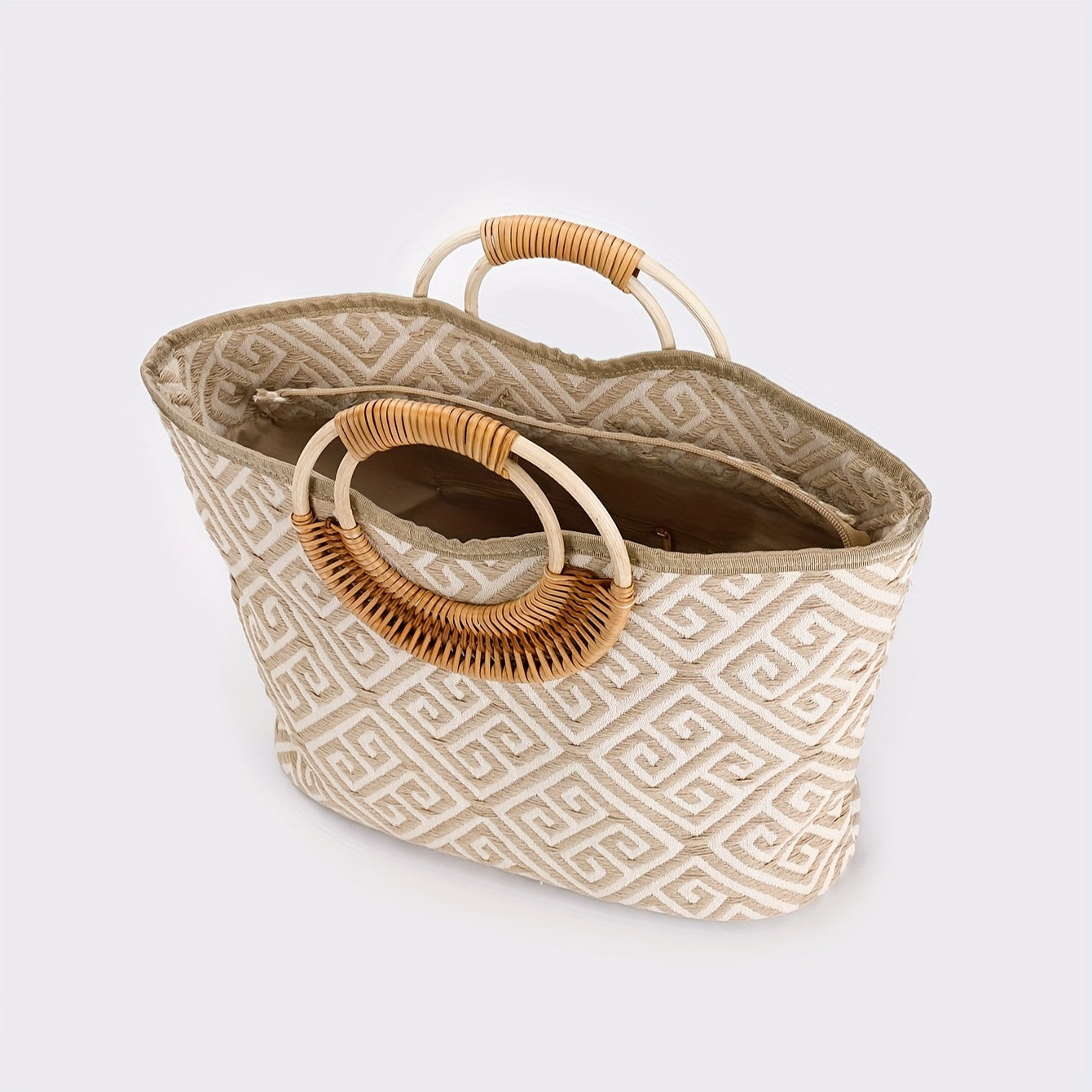 Casual Large Linen Tote Bag with Geometric Pattern, Bamboo Handle, Zipper Closure, and Polyester Lining - Fashionable Fresh Style for Women