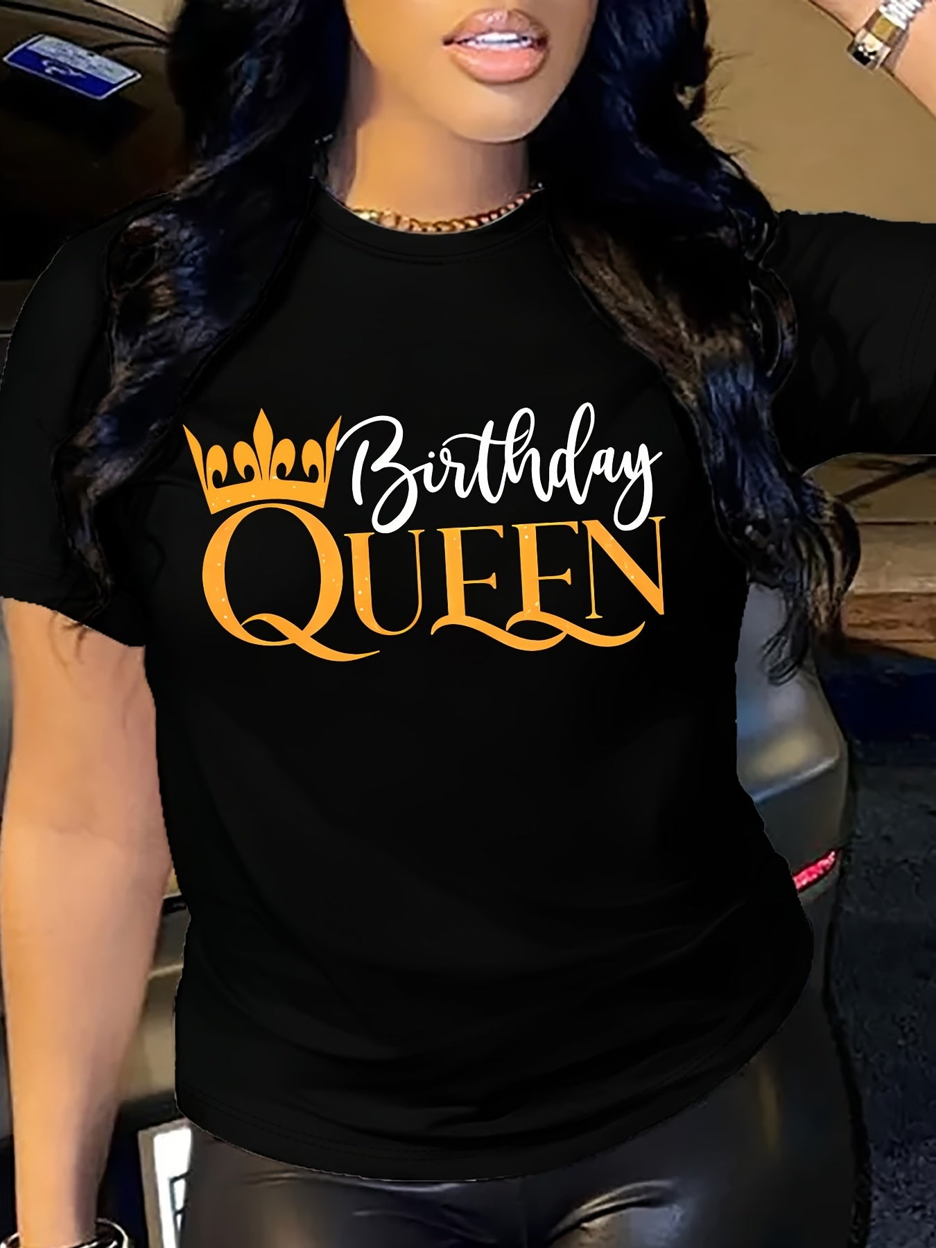 Birthday Queen & Letter Print T-shirt, Short Sleeve Crew Neck Casual Top For Spring & Summer, Women's Clothing