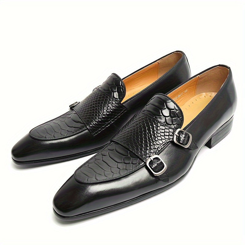 Men's Pointed-toe Double Monk Strap Loafers, Slip On Dress Shoes With Top Leather Uppers For Business Office Wedding Party